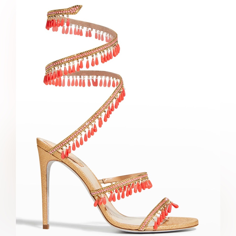 Rene Caovilla Snake-Wrap Hanging Coral Sandal